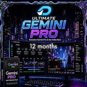 May include: A promotional image for "Ultimate Gemini Pro" software, featuring a box with the product name and a dual-monitor setup displaying the software interface. The image has a futuristic, neon-lit aesthetic with the text "12 months" prominently displayed.