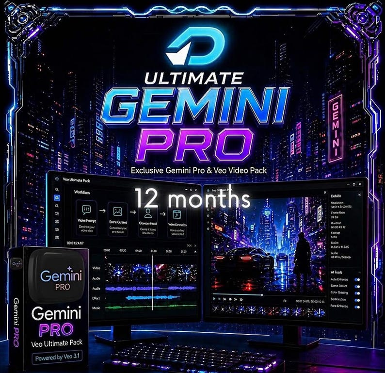 May include: A promotional image for "Ultimate Gemini Pro" software, featuring a box with the product name and a dual-monitor setup displaying the software interface. The image has a futuristic, neon-lit aesthetic with the text "12 months" prominently displayed.