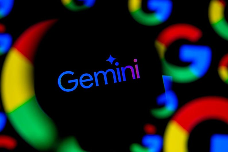 May include: A dark background features the word "Gemini" in blue and purple, with a star icon above it. The Google logo, in red, yellow, green, and blue, is blurred in the background, creating a modern, tech-focused design.