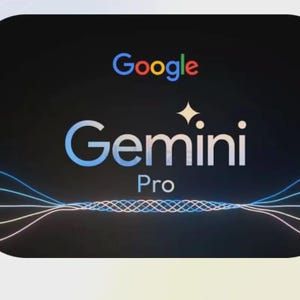 May include: A digital graphic with the Google logo in red, yellow, blue, and green. Below the logo, the word "Gemini" is displayed in white, with "Pro" underneath. A star graphic and wavy lines complete the design on a black background.