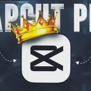 以下が含まれることがあります： 画像には、白い文字で「CAPCUT PRO」と書かれており、白い正方形の上に金の王冠が置かれています。正方形には黒いXのシンボルがあります。背景は暗いグラデーションです。点線と矢印が正方形を指しています。