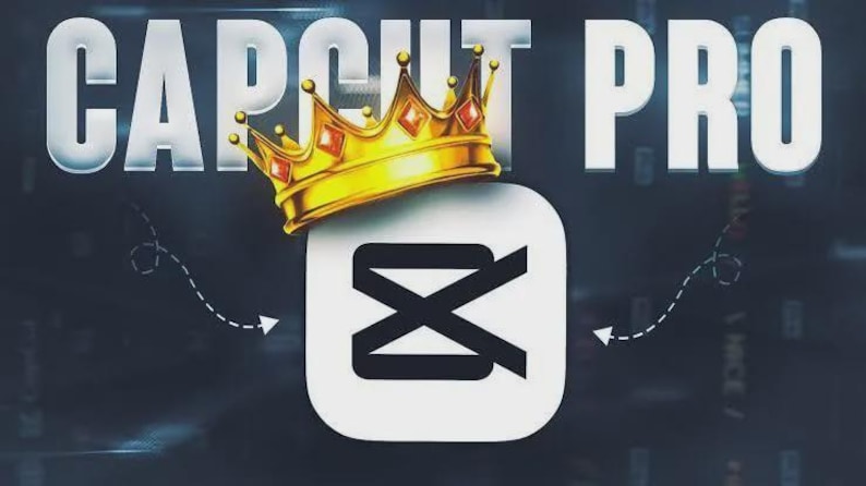 以下が含まれることがあります： 画像には、白い文字で「CAPCUT PRO」と書かれており、白い正方形の上に金の王冠が置かれています。正方形には黒いXのシンボルがあります。背景は暗いグラデーションです。点線と矢印が正方形を指しています。
