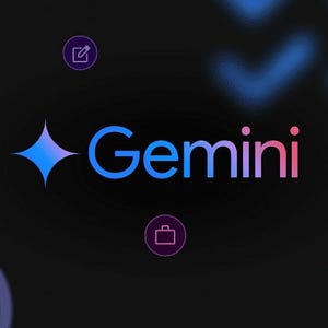 May include: A dark background with the word "Gemini" in blue and pink gradient lettering. A blue and purple star-shaped logo is to the left of the word. Various icons in circles are scattered around the logo and text.