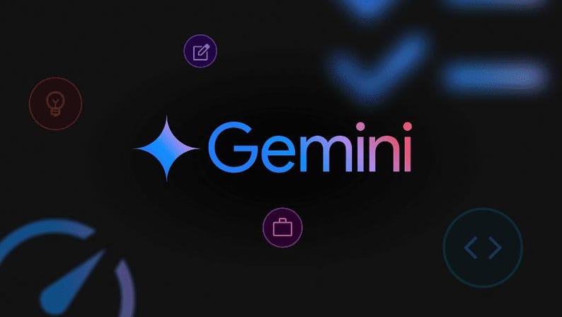 May include: A dark background with the word "Gemini" in blue and pink gradient lettering. A blue and purple star-shaped logo is to the left of the word. Various icons in circles are scattered around the logo and text.
