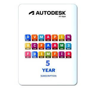 May include: A white card with the Autodesk logo and the text "All Apps." It features a grid of colorful blocks with software abbreviations. The text "5 YEAR SUBSCRIPTION" is displayed in blue.