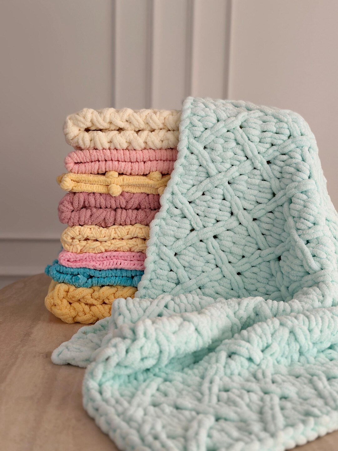 Loop String Blanket Handmade Baby Blanket, Soft Loop Yarn, Finger Knitting, Chunky Plush ...