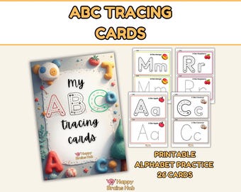 Alfabet overtrekkaarten, hoofdletters en kleine letters overtrekken, ABC-flashcards voor kleuters, printbare schrijfoefeningen voor peuters