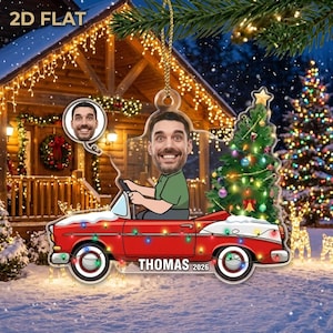 May include: A flat, custom Christmas ornament featuring a cartoon illustration of a person driving a red convertible car decorated with string lights. The ornament includes a circular portrait of the person, a Christmas tree, and the text "THOMAS 2026".