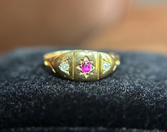 Antique Victorian 18K Yellow Gold Diamond and Ruby Ring