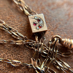 May include: Close-up of a gold-toned necklace featuring a square pendant with a crescent moon and star design. The pendant is adorned with red and white gemstones. The necklace chain has a delicate, layered design.