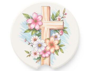 Sottobicchiere per auto con croce floreale, accessorio religioso cristiano per auto