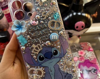 Blue Stitch Inspired Junk Phone Case | Kawaii Bling Charm Case