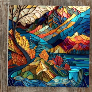 Mountains and Lake Art Tile: Stained Glass Look Smooth Ceramic Decor