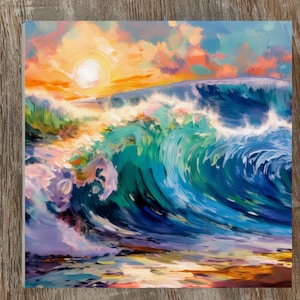 May include: An oil painting depicts a crashing ocean wave under a vibrant sunset. The wave is rendered in shades of blue and turquoise, with white foam. The sky features orange, yellow, and pink hues, creating a dramatic coastal scene.