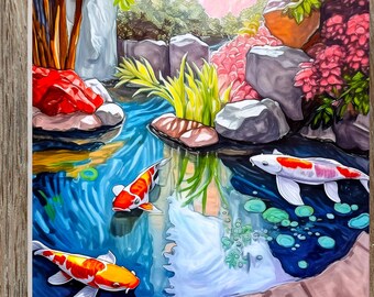 Koi Pond Art Tile: Glossy Ceramic Home Decor