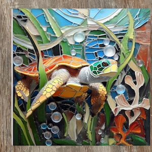 May include: A mosaic artwork depicting a sea turtle swimming underwater. The turtle has an orange shell, green head, and yellow flippers. The background features blue, green, and white elements, suggesting water, plants, and bubbles. The artwork is square and set against a wooden surface.