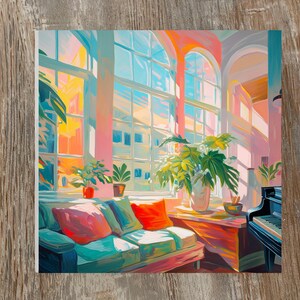 May include: An impressionistic painting of a sunlit interior with a large window. A turquoise sofa with colorful pillows sits in front of the window. Potted plants and a grand piano are also visible. The color palette includes pink, orange, and blue.