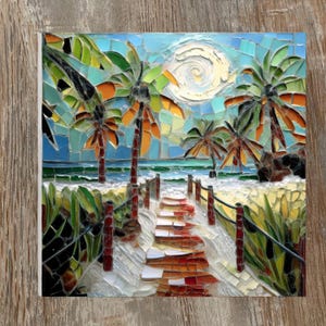 May include: A mosaic tile artwork depicting a beach scene with palm trees, a sandy path, and a bright sun. The artwork features a variety of colors, including blue, green, orange, and white. The path leads to the ocean, with a fence on either side.