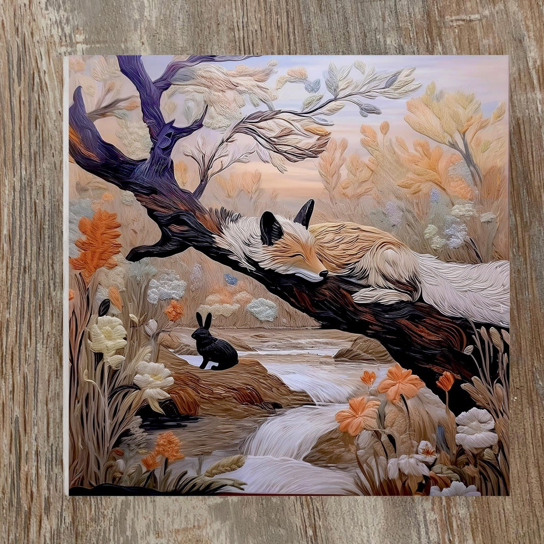 Fox Rabbit Art Sleeping Fox and Black Rabbit Art Tile: Glossy Smooth Ceramic Home ...