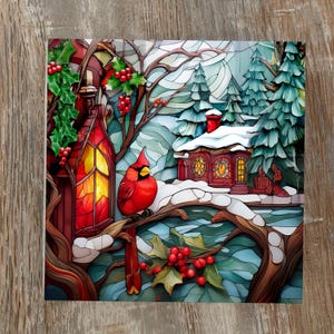 May include: A vibrant, stained-glass style artwork depicting a winter scene. A bright red cardinal perches on a snow-covered branch, with a church and evergreen trees in the background. Holly berries and a red lantern add festive touches.