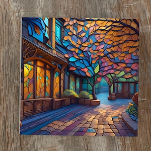 May include: A colorful, stylized painting of a building with stained glass windows and a tree with vibrant leaves. The artwork features a cobblestone path and a blue sky, creating a warm and inviting scene.