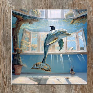 May include: An artistic painting of a dolphin leaping in a room with large windows. The dolphin is light blue with a dark fin and tail. The room has blue walls and a wooden floor. A potted plant and a book are on the floor.