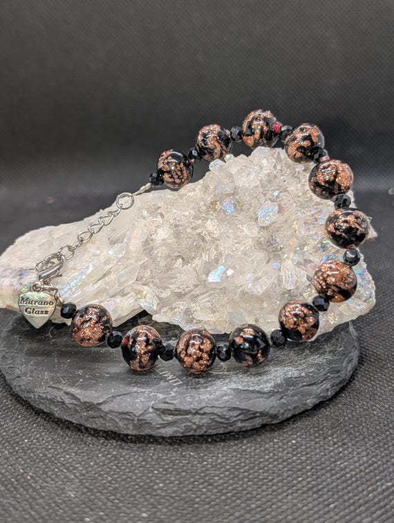 Murano Glass Aventurine Bracelet, Black Copper Foil Beads, Faceted Spacers, Heart Charm