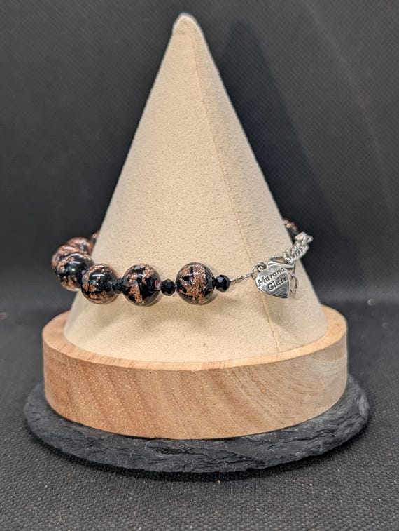 Murano Glass Aventurine Bracelet, Black Copper Foil Beads, Faceted Spacers, Heart Charm View 6