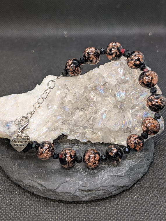 Murano Glass Aventurine Bracelet, Black Copper Foil Beads, Faceted Spacers, Heart Charm View 3