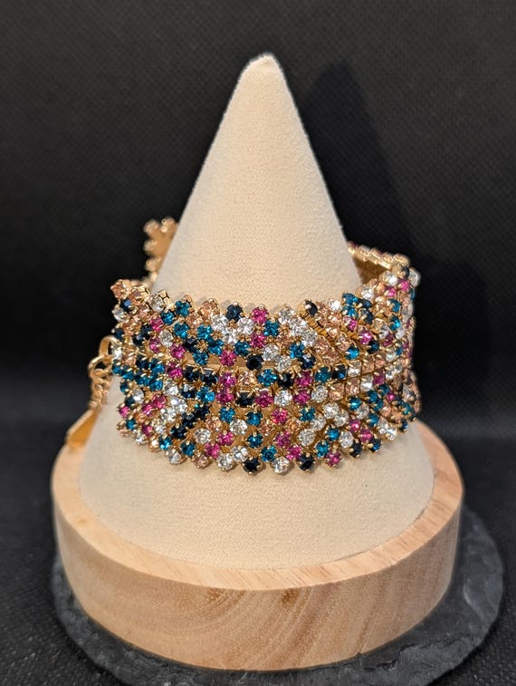 Vintage Natasha Rhinestone Cuff Bracelet – Flexib… - image 5