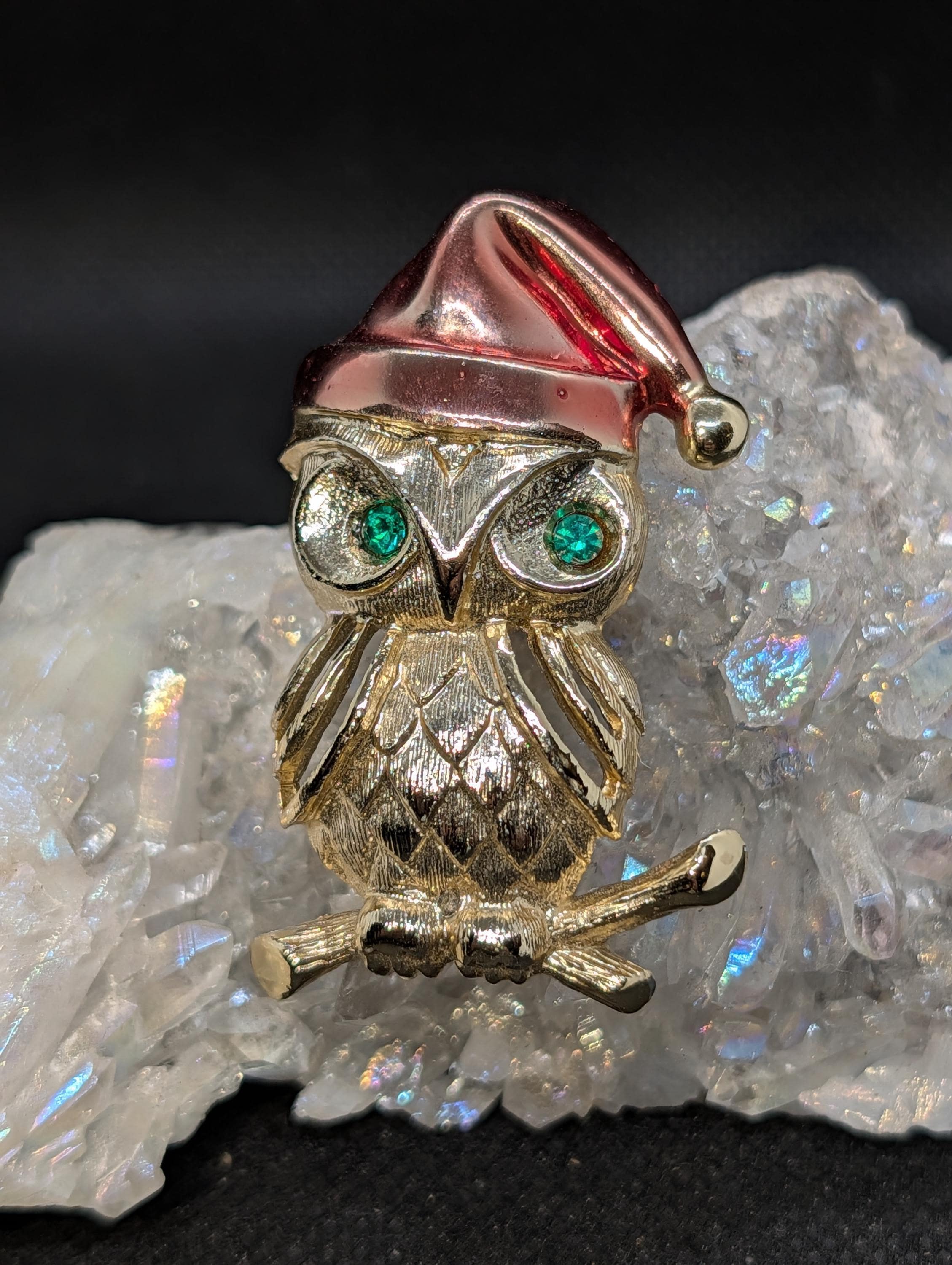 Vintage Christmas Owl Brooch | Rhinestone Eyes, Santa Hat Jewelry