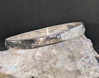 Vintage HAN Sterling Silver Engraved Bangle - Floral Etched Hinged Bracelet - Signed 925 - 16g