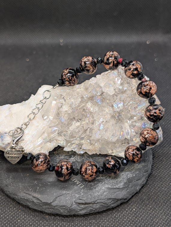 Murano Glass Aventurine Bracelet, Black Copper Foil Beads, Faceted Spacers, Heart Charm View 4
