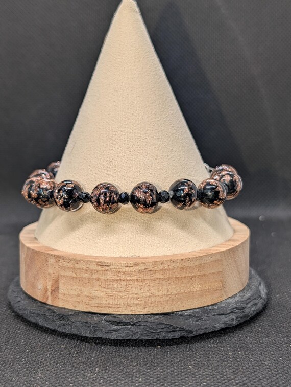 Murano Glass Aventurine Bracelet, Black Copper Foil Beads, Faceted Spacers, Heart Charm View 5