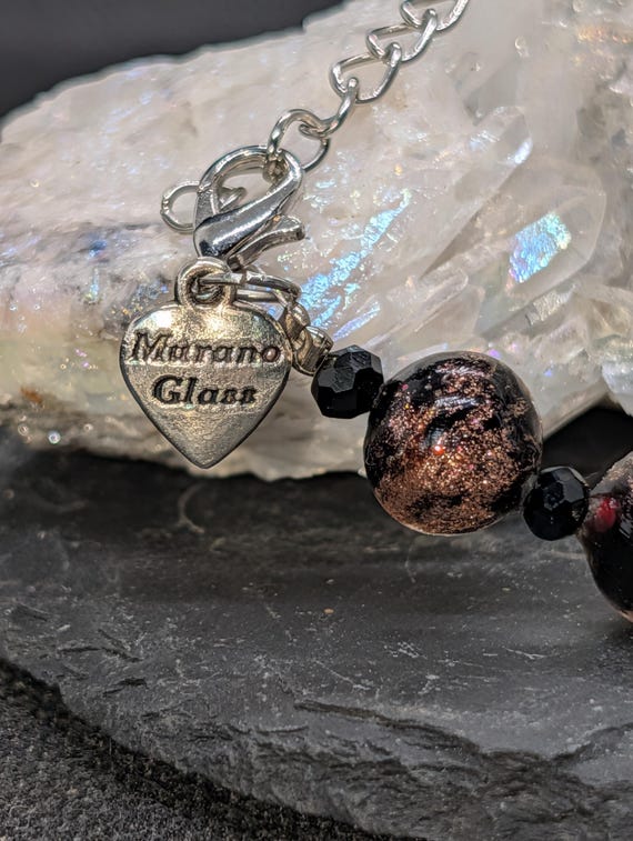 Murano Glass Aventurine Bracelet, Black Copper Foil Beads, Faceted Spacers, Heart Charm View 2