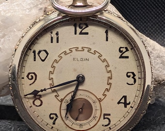 Working 1919 Elgin Pocket Watch – 17 Jewels, Art Deco Dial, 14K White Gold Filled