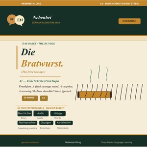 May include: A digital educational language learning card titled Die Bratwurst featuring a graphic of a sausage on a grill with steam lines. The text includes German and English vocabulary, lesson details, and a list of included study materials.