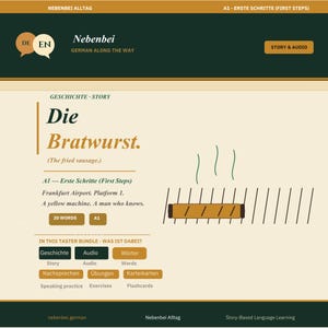 Puede incluir: Una interfaz de aprendizaje de idiomas llamada Nebenbei con la historia Die Bratwurst. La página incluye texto en alemán e inglés, un gráfico de una salchicha en una parrilla y botones para audio, palabras y ejercicios para estudiantes A1.