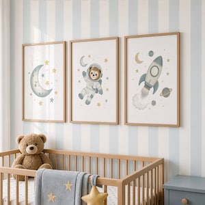Space Nursery Prints | Rocket, Astronaut Bear, Moon (Digital Download)