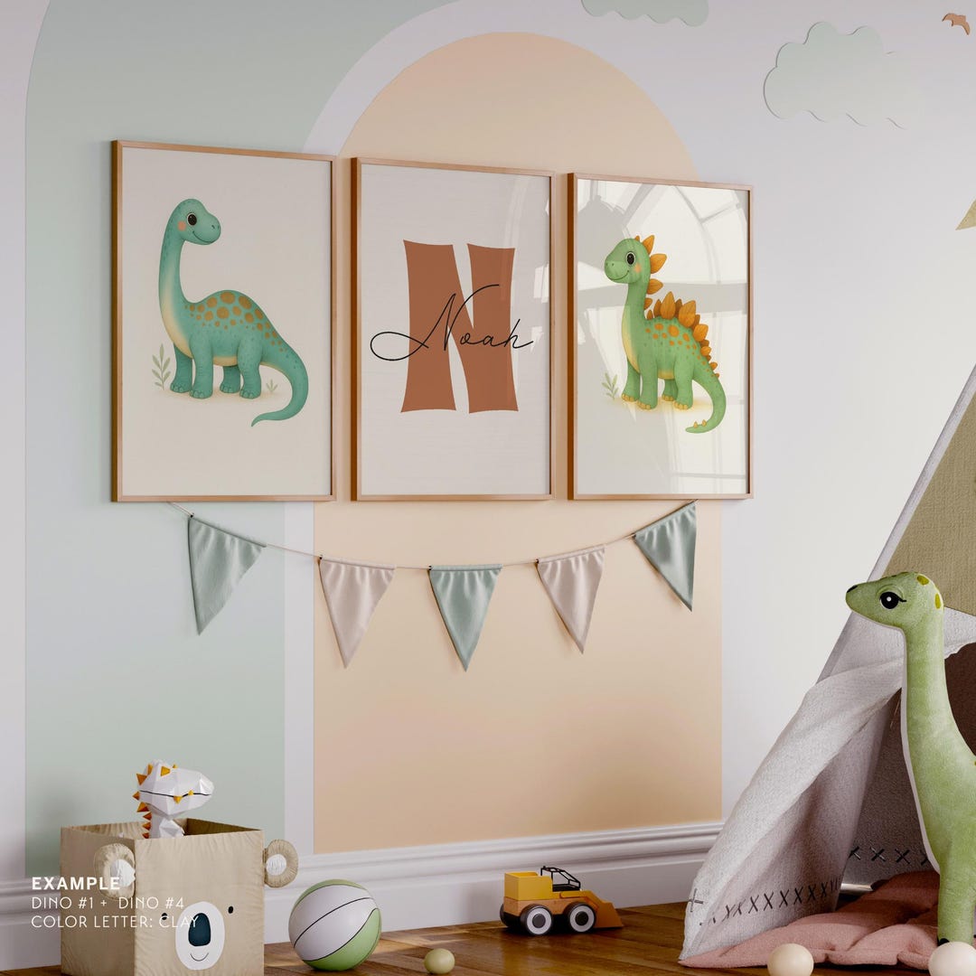 Personalized Dinosaur Nursery Wall Art – Custom Name Initial Print - Etsy
