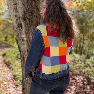 Upcycled Denim Jacket-Repurposed Knit Sweater Panels-Reclaimed-Sustainable Cozy Style-Eco-Friendly Wearable Art-Vibrant Statement-Women’s