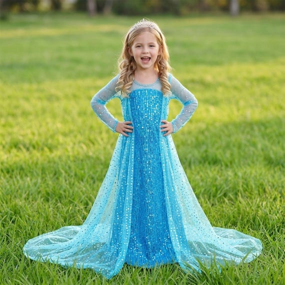 Elegant Ice Princess Blue Sequined Girls Gown | Long Cape Fairy Dress for Special Occasions