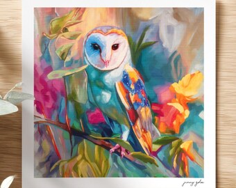 Colorful Barn Owl Oil Painting Print - Fantasy Bird of Prey Wall Art