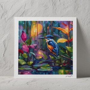 Colorful Kingfisher Oil Painting Print - Magical Realism Bird Wall Art image 4