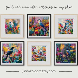 May include: Six framed bird art prints with colourful watercolour paintings. The artworks feature various birds in vibrant settings with flowers and foliage. The text "find all available artworks in my shop" is at the top, and the Etsy shop URL is at the bottom.