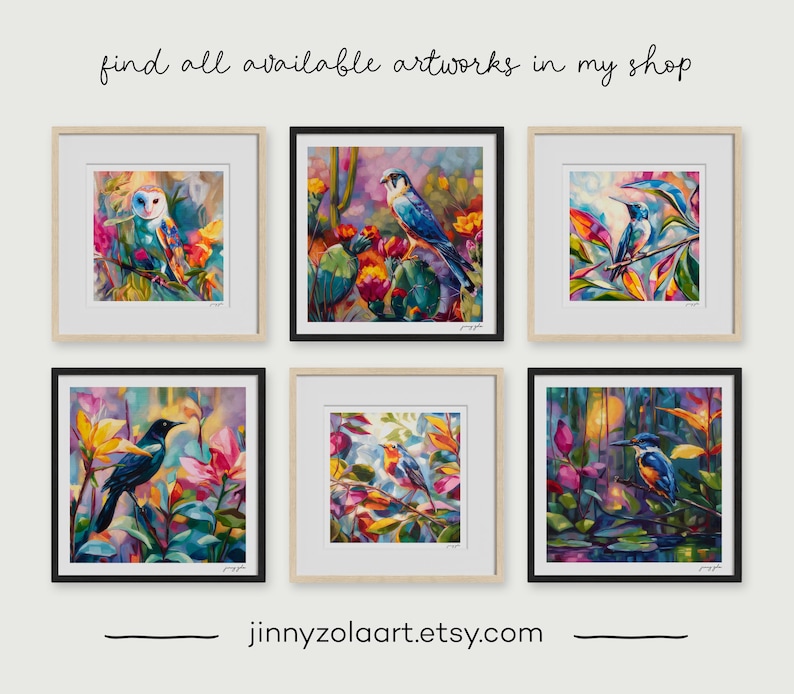 May include: Six framed bird art prints with colourful watercolour paintings. The artworks feature various birds in vibrant settings with flowers and foliage. The text "find all available artworks in my shop" is at the top, and the Etsy shop URL is at the bottom.