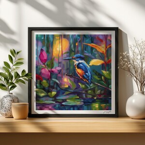 Colorful Kingfisher Oil Painting Print - Magical Realism Bird Wall Art image 8