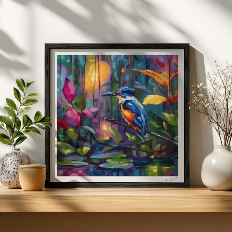Colorful Kingfisher Oil Painting Print - Magical Realism Bird Wall Art image 8