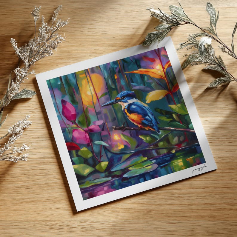 Colorful Kingfisher Oil Painting Print - Magical Realism Bird Wall Art image 3