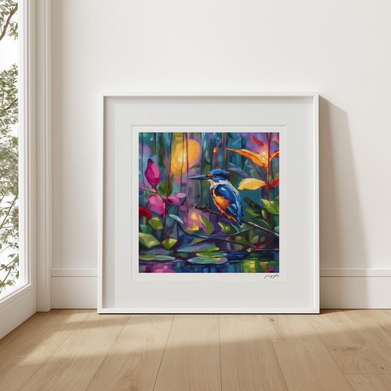 Colorful Kingfisher Oil Painting Print - Magical Realism Bird Wall Art image 10